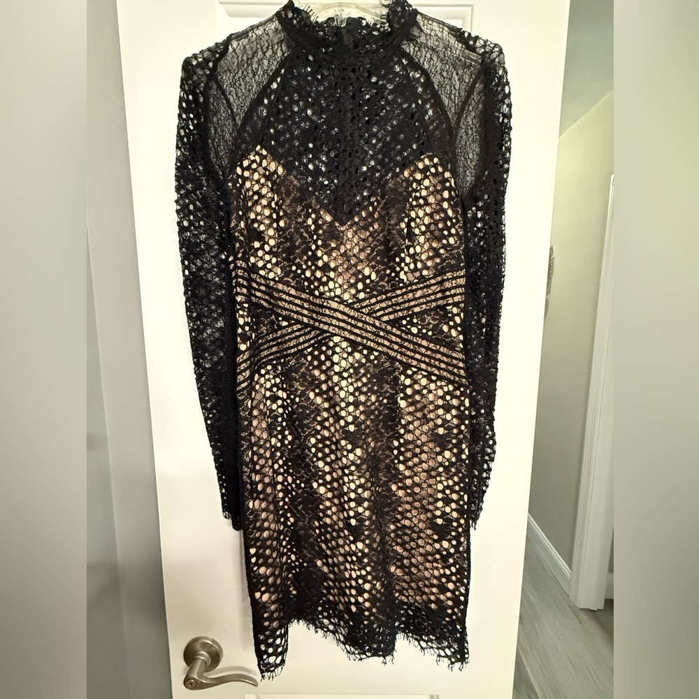 Bardot long sleeve lace sheath Dress in black with nude lining size 8